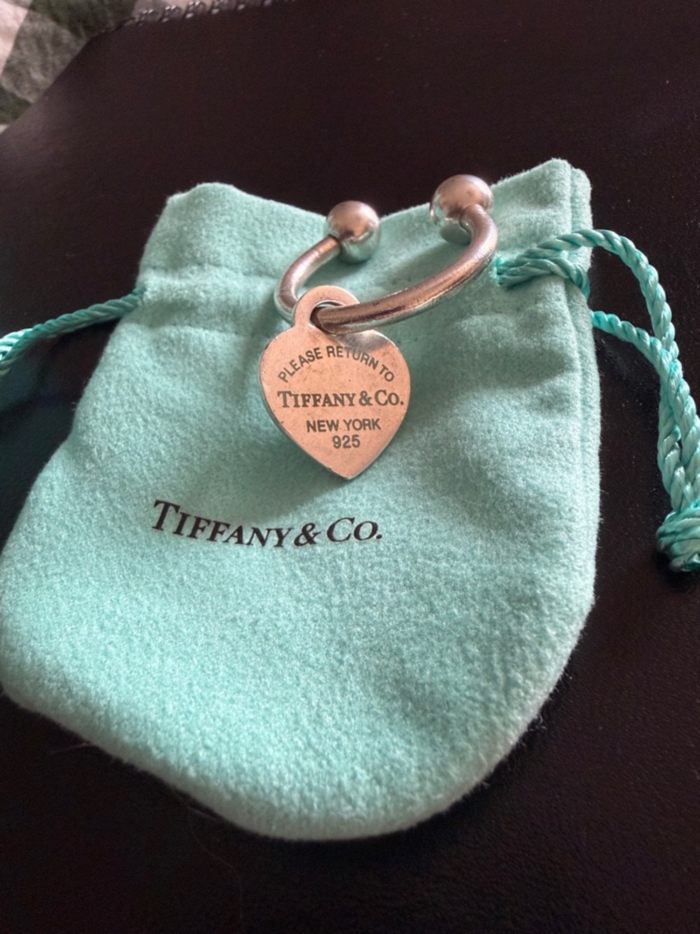 Tiffany & Co. Silver Heart Tag Key Ring with Tiffany Blue Pouch